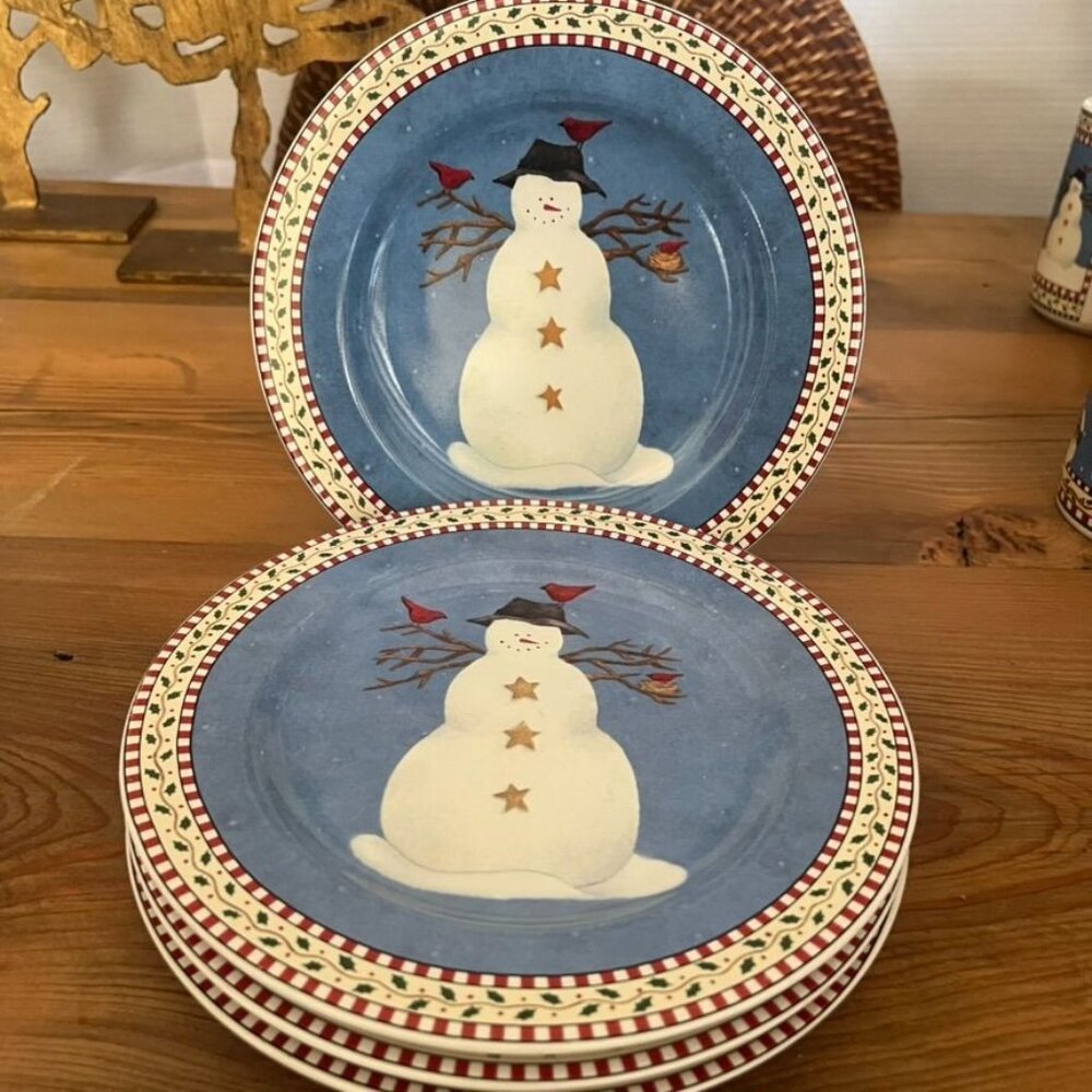 Sakura Holiday Snowmen Salad Plates 8" Set of 4 Deborah Mumm Vintage Christmas